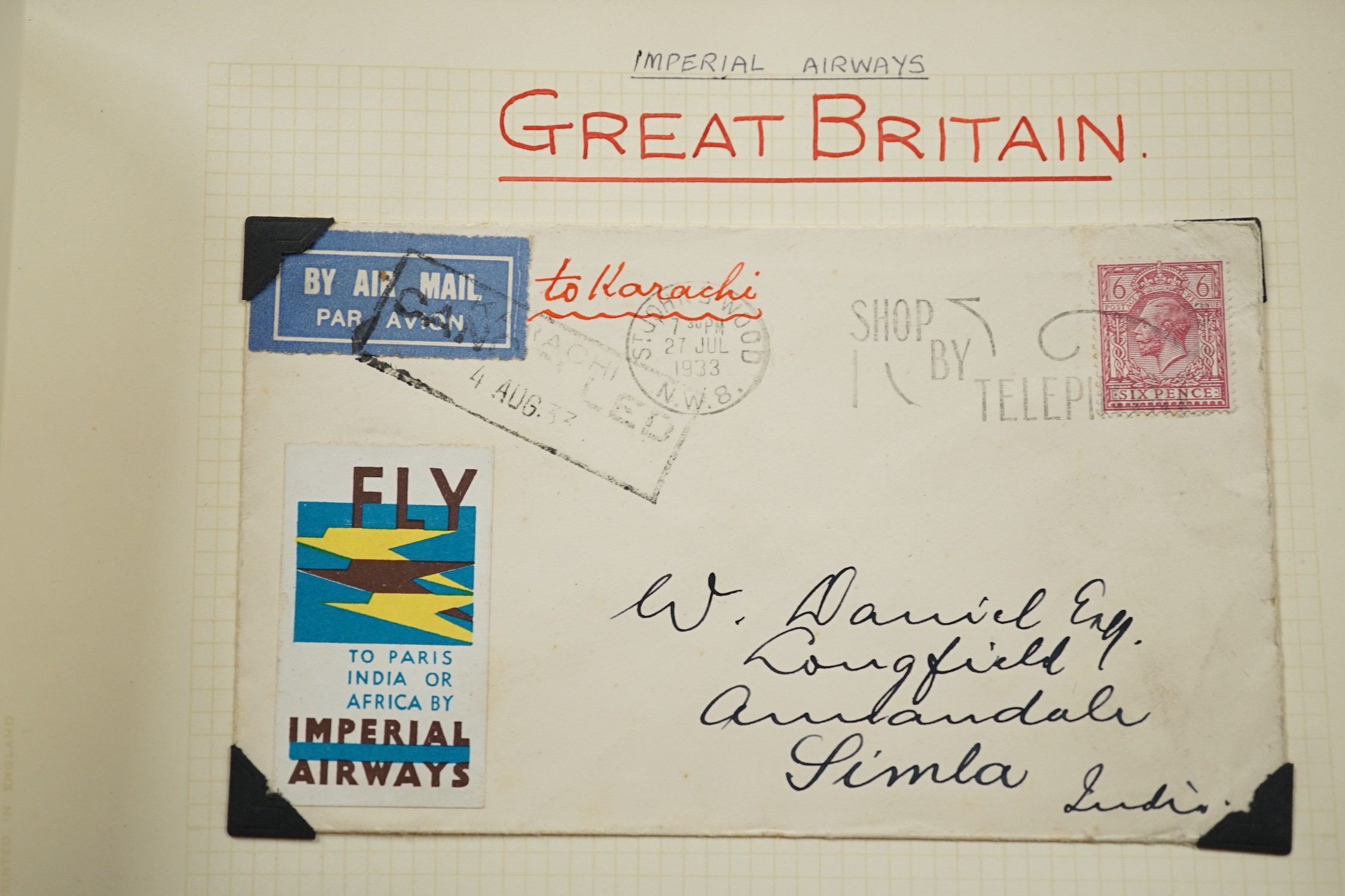 Postal covers in an album, plus loose with Gernsey 1825 scroll postmark, pre stamp 1930’s airmail covers, Canada, USA 1930 ’damaged in plane fire’ cancel